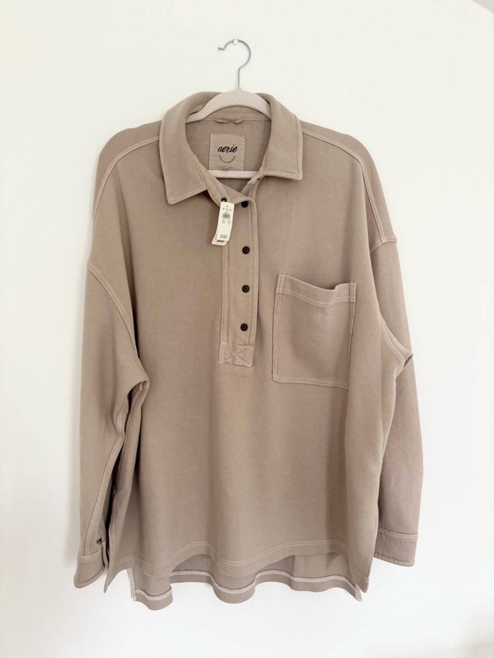 Aerie Beige Snap-Front Pullover with Chest Pocket